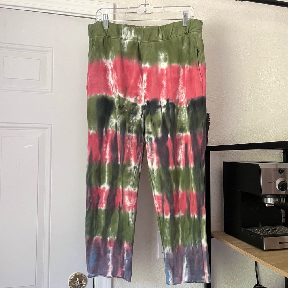 SANDRINE ROSE pink green striped tie dye knit cotton straight leg cropped pants